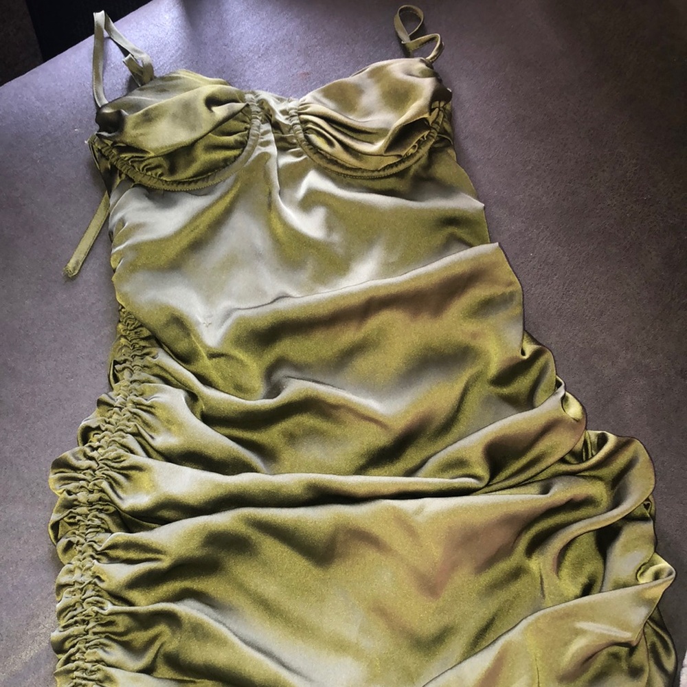 Mistress Rocks olive green satin ruched dress